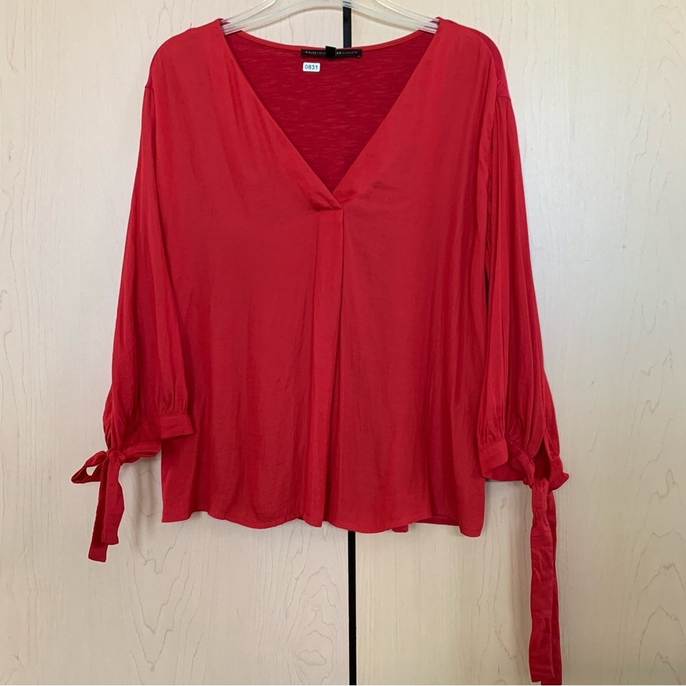 White House Black Market Women's Tie-Sleeve V-Neck Popover Tee Blouse Red Size S